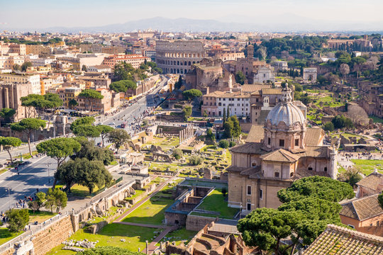 Rome from above aerial view of the Roman Forum