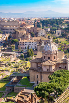 Aerial view of the Roman Forum and Colosseum in Rome, Italy. Rome from above.