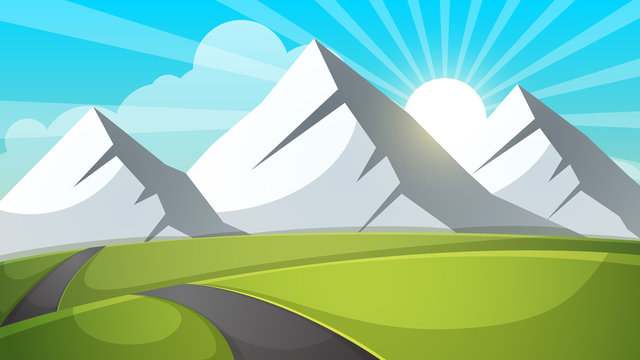 Cartoon landscape. Mountain, sky, ray road travel illustration Vector eps 10