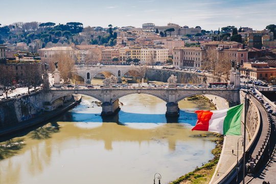 Rome city skyline and Italian Flag, Rome Italy