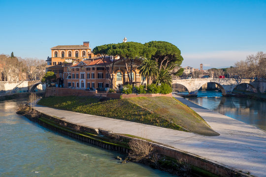 Tiberina Island (Isola Tiberina) on the river Tiber in Rome, Italy