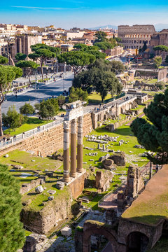 Rome from above. Aerial view of Rome Roman Forum and Colosseum