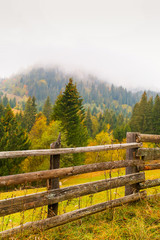 Fototapeta na wymiar Autumn scenery landscape with colorful forest, wood fence and hay barns in Prisaca Dornei, Suceava County, Bucovina, Romania