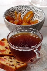 cup of tea with dried fruit cake