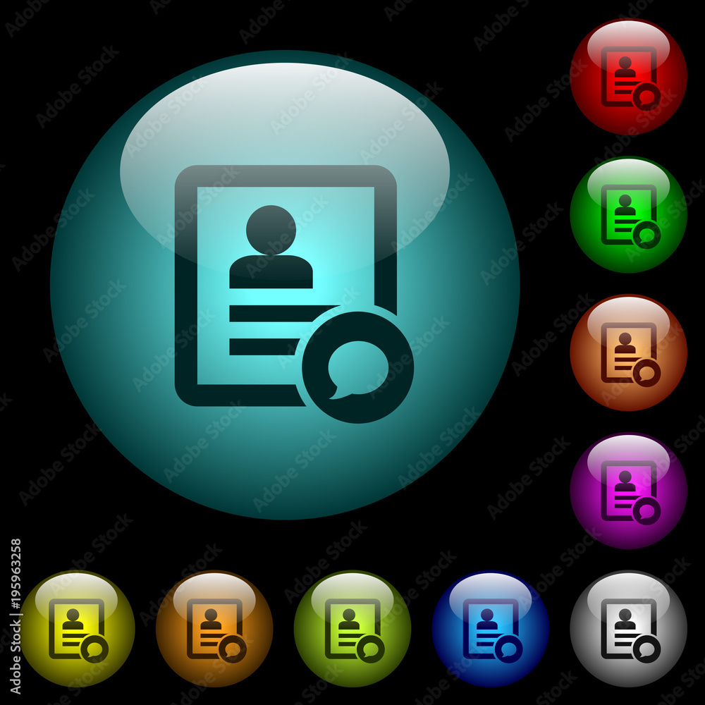 Poster send message to contact person icons in color illuminated glass buttons