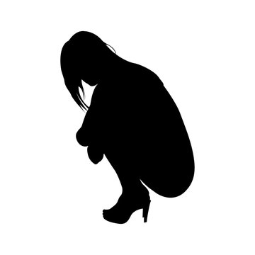 Icono plano silueta chica desnuda agachada en color negro