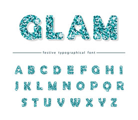 Glitter confetti blue font isolated on white. Glamour alphabet for Valentine s day, birthday design. Girly.