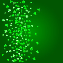 St patricks day background with shamrock. Lucky trefoil confetti. Glitter frame of clover leaves. Template for gift coupons, vouchers, ads, events. Festive st patricks day backdrop.