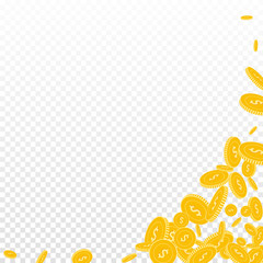 American dollar coins falling. Scattered floating USD coins on transparent background. Amazing abstract right bottom corner vector illustration. Jackpot or success concept.