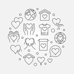 Philanthropy and charity vector round outline illustration