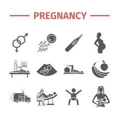 Pregnancy icons set. Infographics. Vector signs for web graphics.