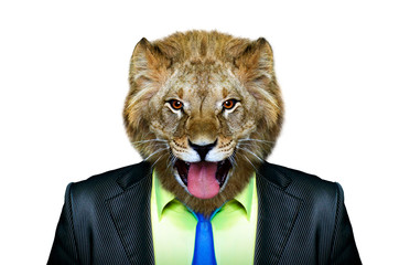 Portrait of a lion in a business suit, isolated on a white background