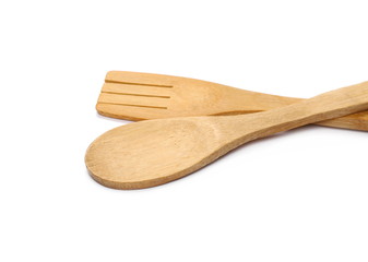 Empty wooden spoon and fork isolated on white background