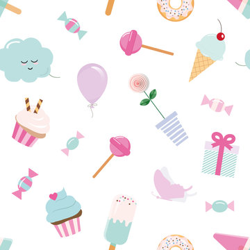 Girly seamless pattern background with sweets and cute elements. Pastel pink and blue.
