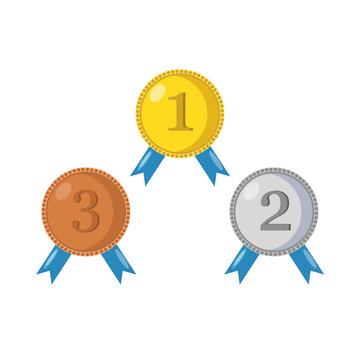 Set of medal for 1st, 2nd, 3rd place. Golden, silver, bronze trophy, winner award isolated on white background. Badge and ribbon, glossy prize, reward. Achievement, victory concept. Vector flat icon