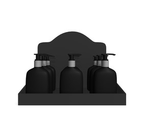 POS POI Cardboard Display with hand wash Show Box Holder For Advertising Fliers, Leaflets, Products. 3d Illustration Isolated On White Background. Mock Up Template Ready For Your Design.