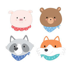 cartoon cute face animals, pig, bear, fox, raccoon vector.