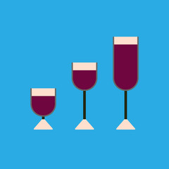 Set of wine glasses for alcohol drinks on a blue background. Modern flat style.