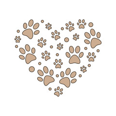 Brown paw prints in heart shape vector illustration