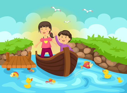 Illustration of a boy and girl are sailing on a boat