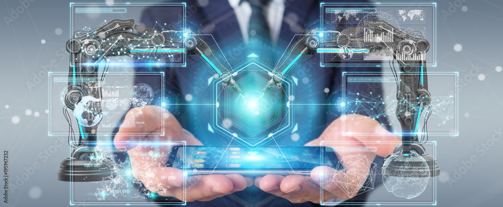 Poster businessman using robotics arms with digital screen 3d rendering