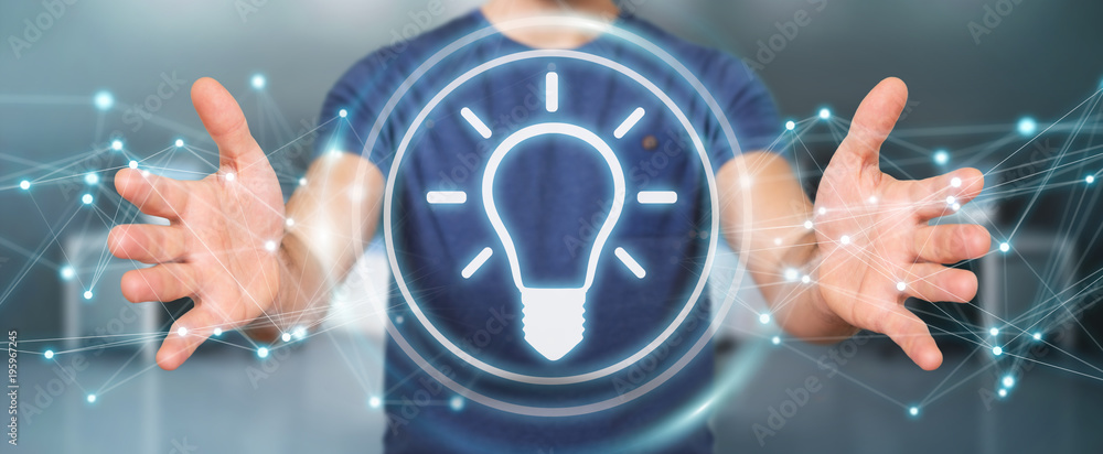 Aufkleber Businessman using lightbulb idea interface 3D rendering