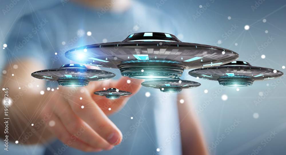 Poster Businessman with retro UFO spaceship 3D rendering
