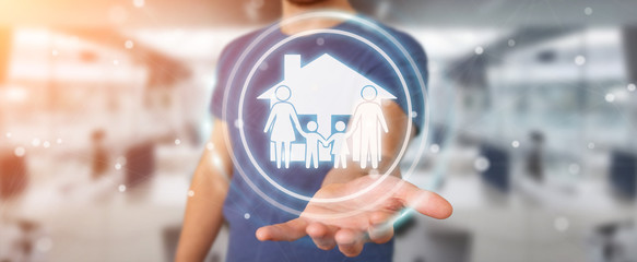 Businessman using family care insurance application 3D rendering