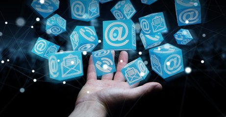 Businessman using floating cube contact 3D rendering