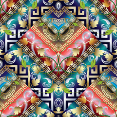 Colorful vintage striped greek key seamless pattern. Floral background with  gold 3d meanders borders, stripes, baroque leaves, swirl lines, rhombus, squares, circles, hand drawn modern ornaments