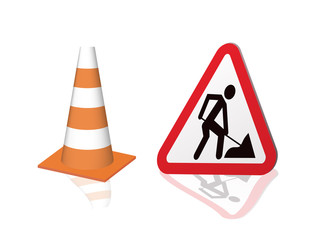 Road sign road repair and safety cones. Vector illustration.