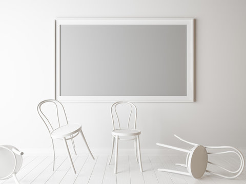 White chairs and empty frame in a room.
3d rendering,unemployment mock up