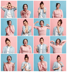 The collage of different human facial expressions, emotions and feelings.