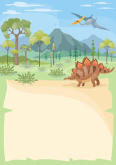 Vertical vector background with the image of a prehistoric landscape and dinosaur. Colorful illustration in cartoon style.