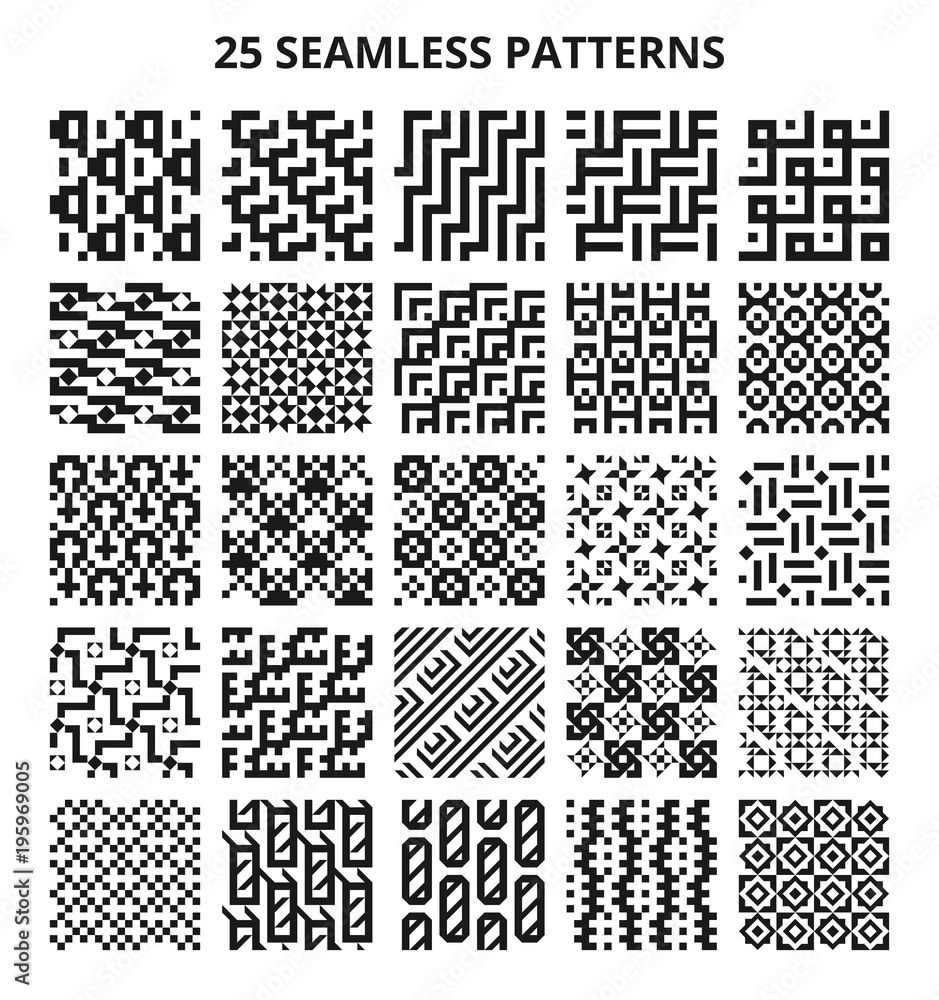Poster monochrome seamless geometric patterns. abstract fractal geometrical line vector repetitive borders