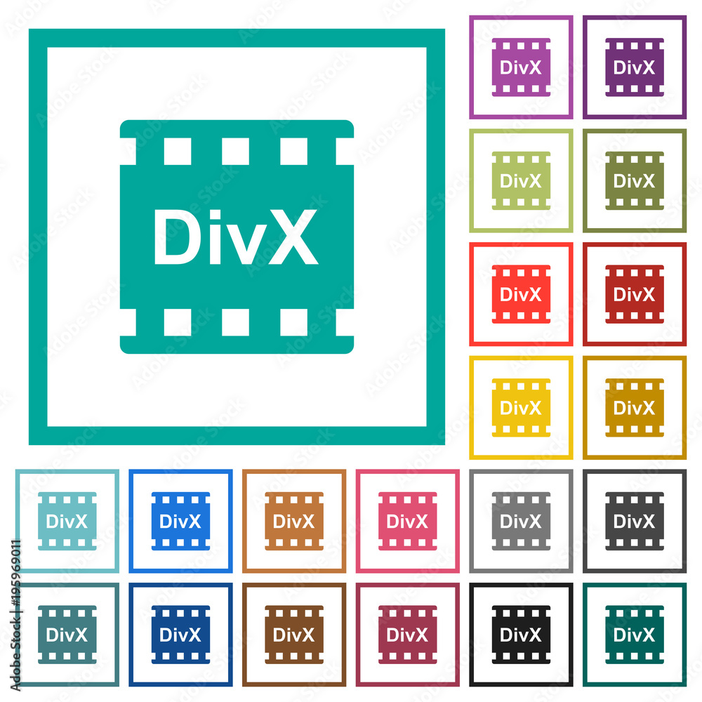 Poster divx movie format flat color icons with quadrant frames