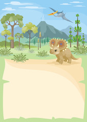 Vertical vector background with the image of a prehistoric landscape and dinosaur. Colorful illustration in cartoon style.