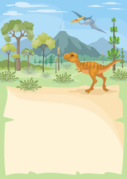 Vertical vector background with the image of a prehistoric landscape and dinosaur. Colorful illustration in cartoon style.