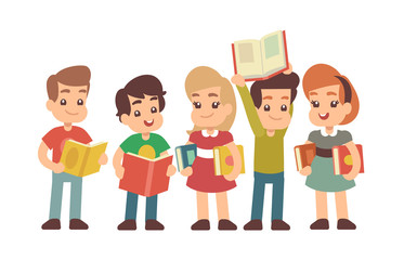 Cartoon preschool children with books. Learning and stadying vector concept