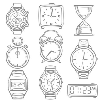 Hand drawn wristwatch, doodle sketch watches, alarm clocks and timepiece vector set