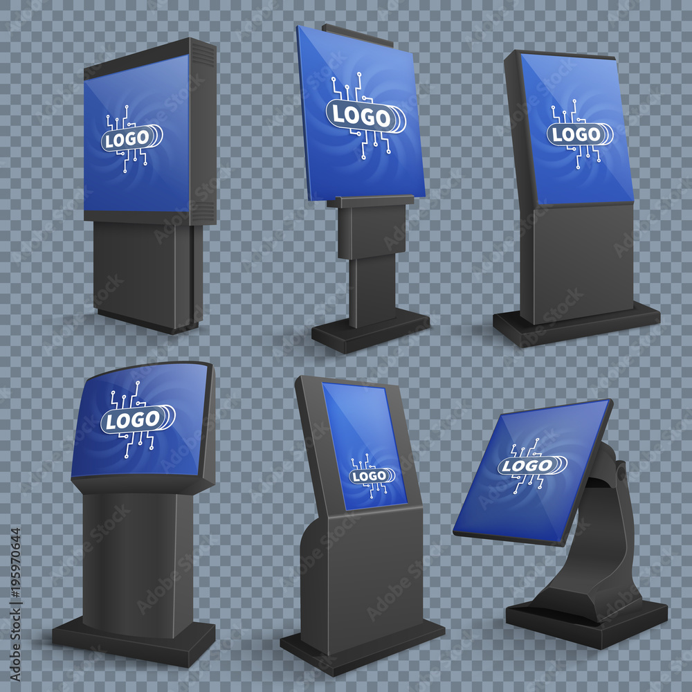 Poster touch screen computer terminals, lcd standing monitor of information kiosks vector set