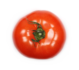 Fresh ripe, red tomato  isolated on white background, top view