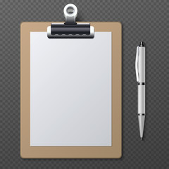 Realistic clipboards with blank white paper sheet and pen. Vector business template