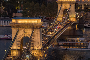 Elevated twilight shot of Chain Bridge Budapest