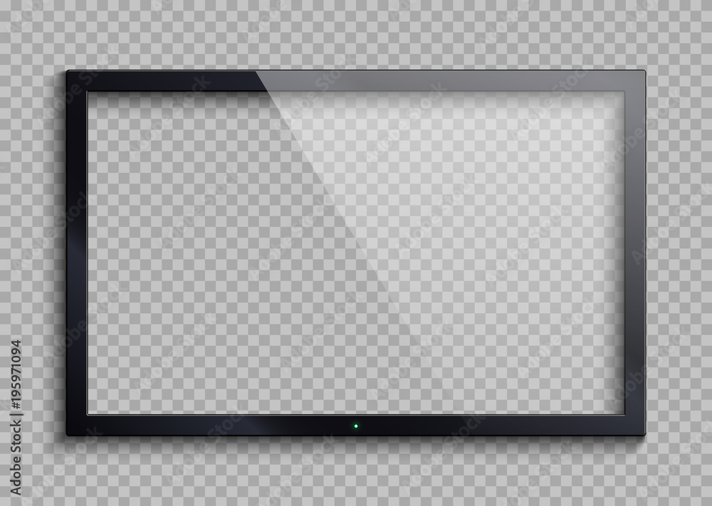 Poster empty tv frame with reflection and transparency screen isolated. lcd monitor vector illustration