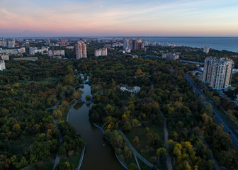 Aerial shot of Victory Park in Odessa at sunsrise