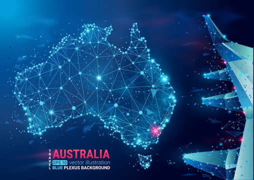 Map of Australia. Floating blue plexus geometric background. Abstract vector illustration. High tech, communications and travel. Effect of motion luminous particles and points. Frame construction.