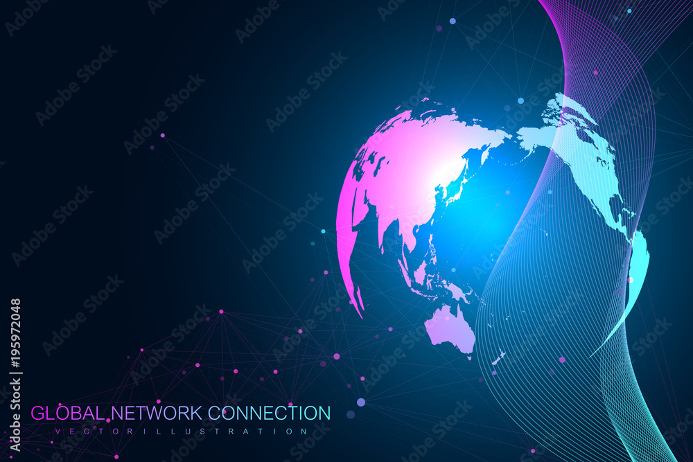 Poster Big data visualization with a world globe. Abstract vector background with dynamic waves. Global network connection. Technological sense abstract illustration.