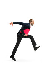 Businessman running with a folder on white background