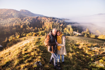 Fototapeta premium Senior couple on a walk in an autumn nature.